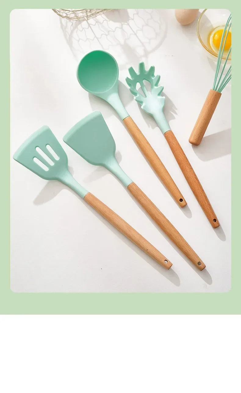Utensil Set 12-Piece Heat-Resistant Silicone & Wood Handles