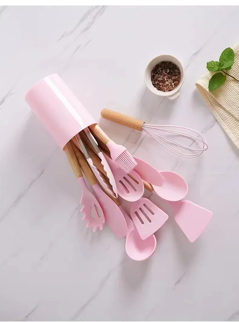 Utensil Set 12-Piece Heat-Resistant Silicone & Wood Handles