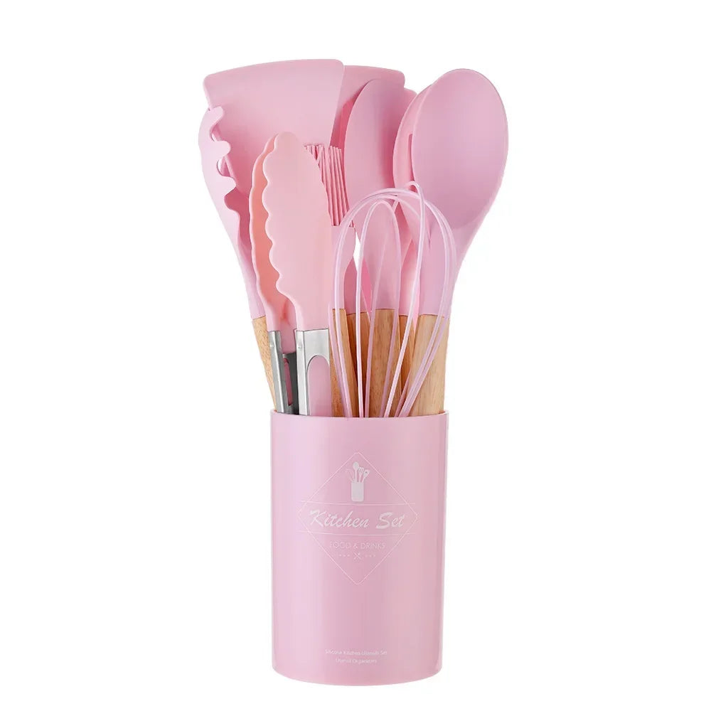 Utensil Set 12-Piece Heat-Resistant Silicone & Wood Handles