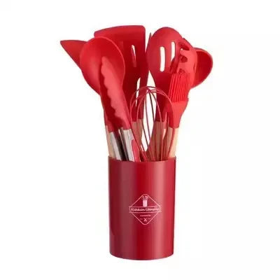 Utensil Set 12-Piece Heat-Resistant Silicone & Wood Handles