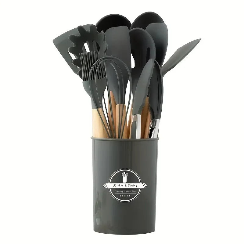 Utensil Set 12-Piece Heat-Resistant Silicone & Wood Handles