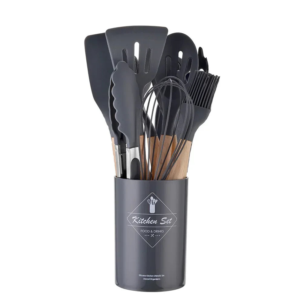 Utensil Set 12-Piece Heat-Resistant Silicone & Wood Handles