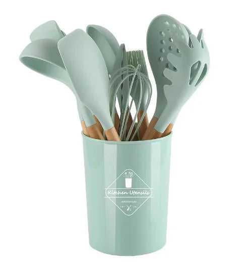 Utensil Set 12-Piece Heat-Resistant Silicone & Wood Handles