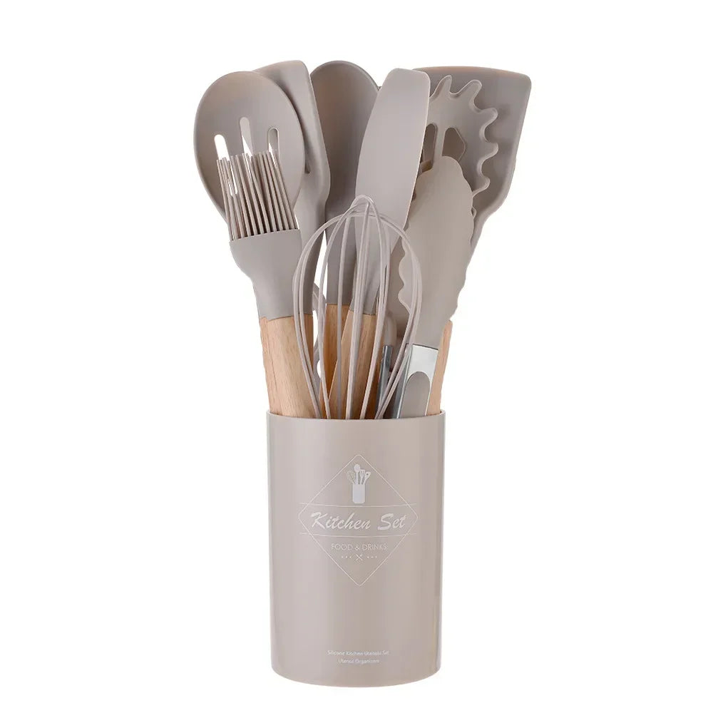 Utensil Set 12-Piece Heat-Resistant Silicone & Wood Handles