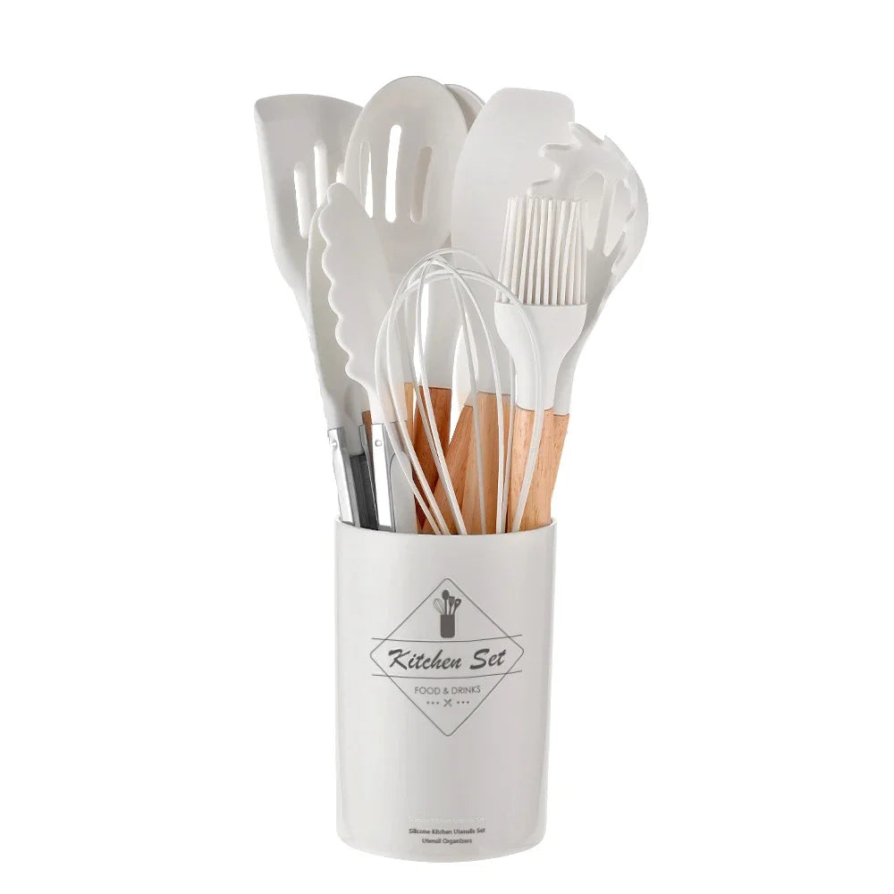 Utensil Set 12-Piece Heat-Resistant Silicone & Wood Handles