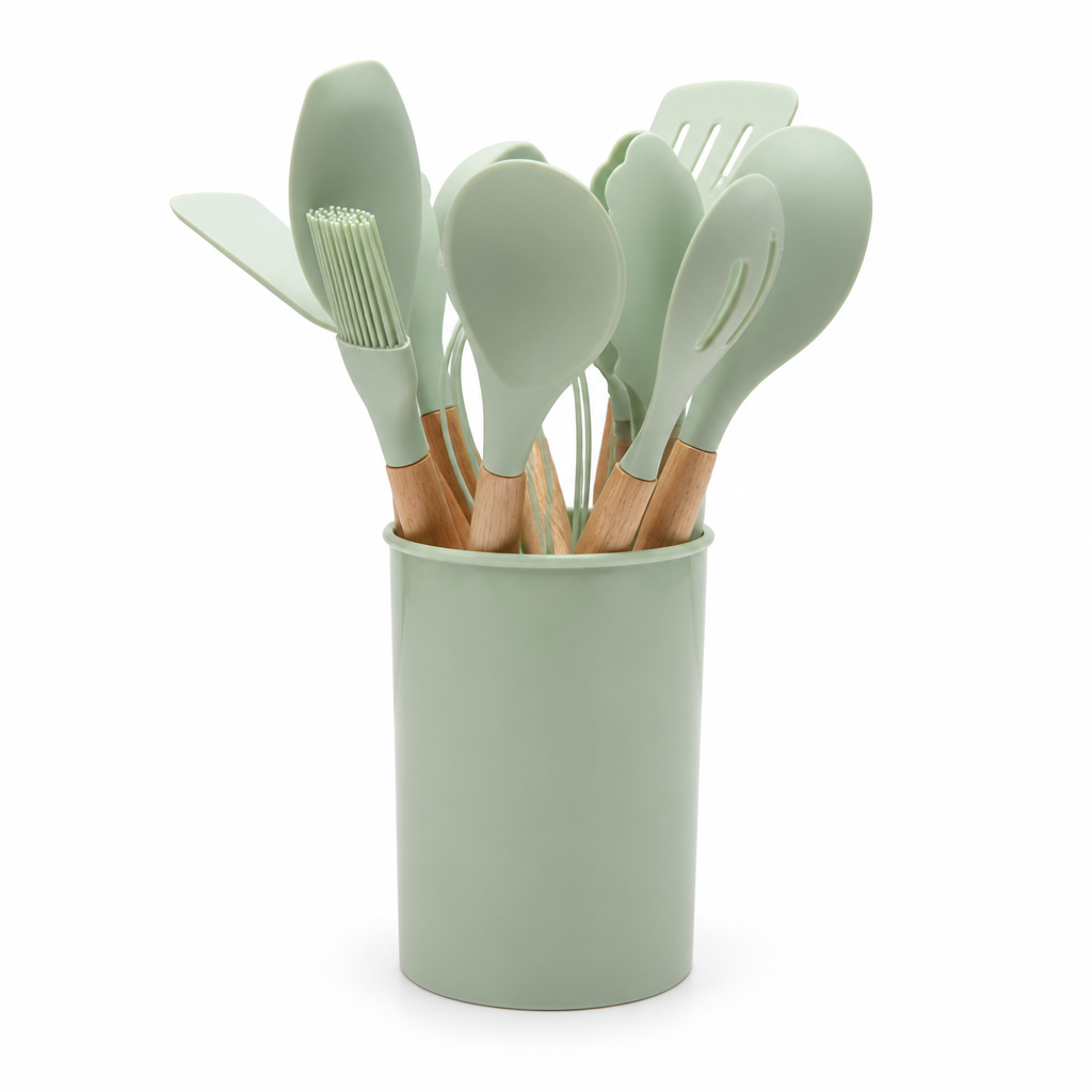 Utensil Set Heat-Resistant Silicone Wooden Handles Set of 12