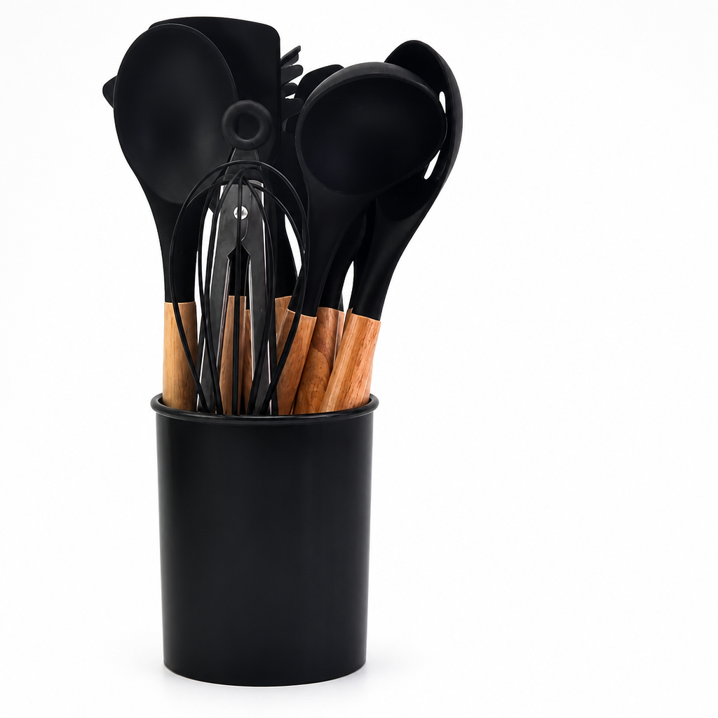 Utensil Set Heat-Resistant Silicone Wooden Handles Set of 12