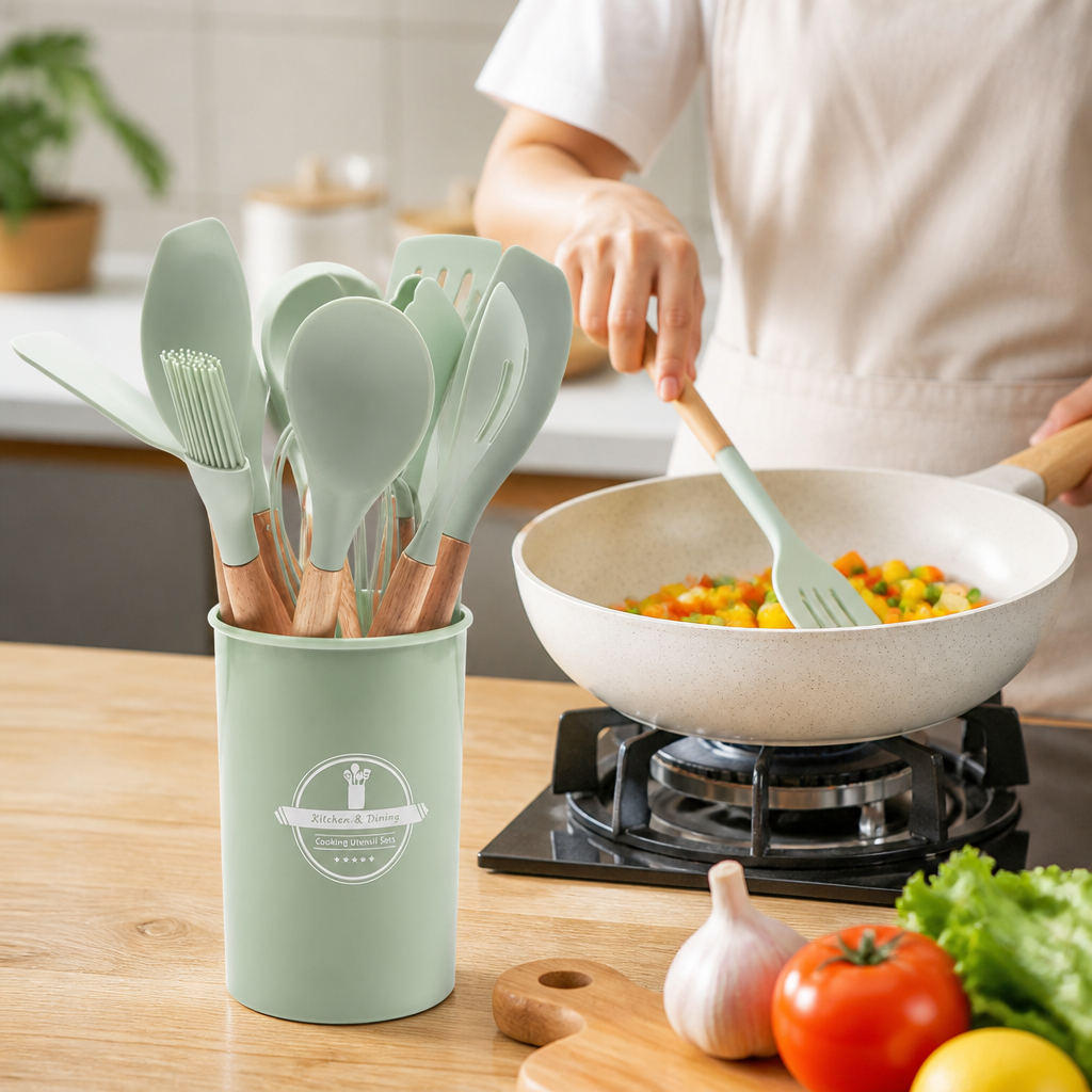 Utensil Set Heat-Resistant Silicone Wooden Handles Set of 12