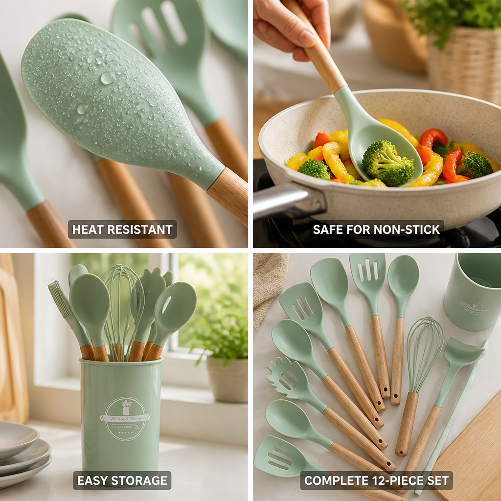Utensil Set Heat-Resistant Silicone Wooden Handles Set of 12