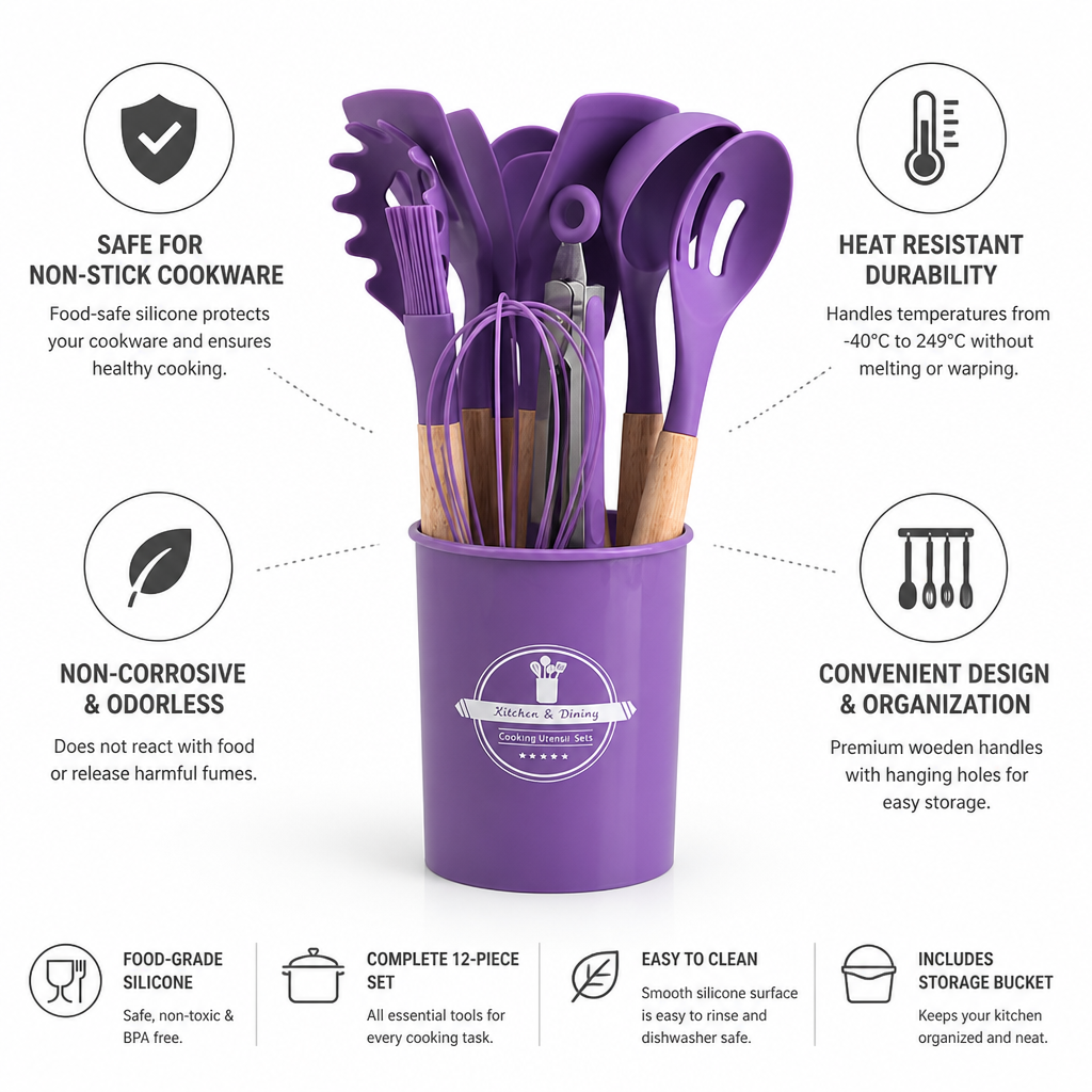 Utensil Set Heat-Resistant Silicone Wooden Handles Set of 12