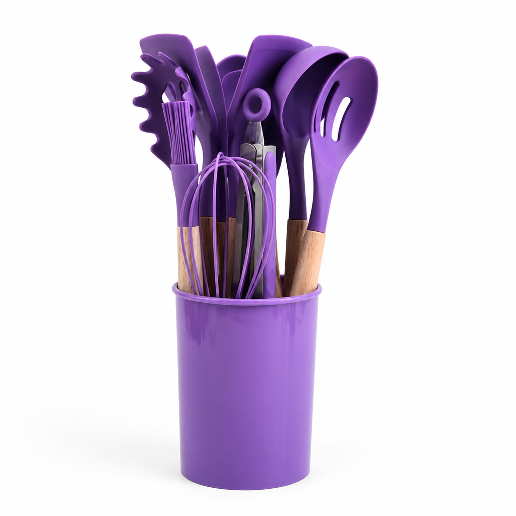 Utensil Set Heat-Resistant Silicone Wooden Handles Set of 12