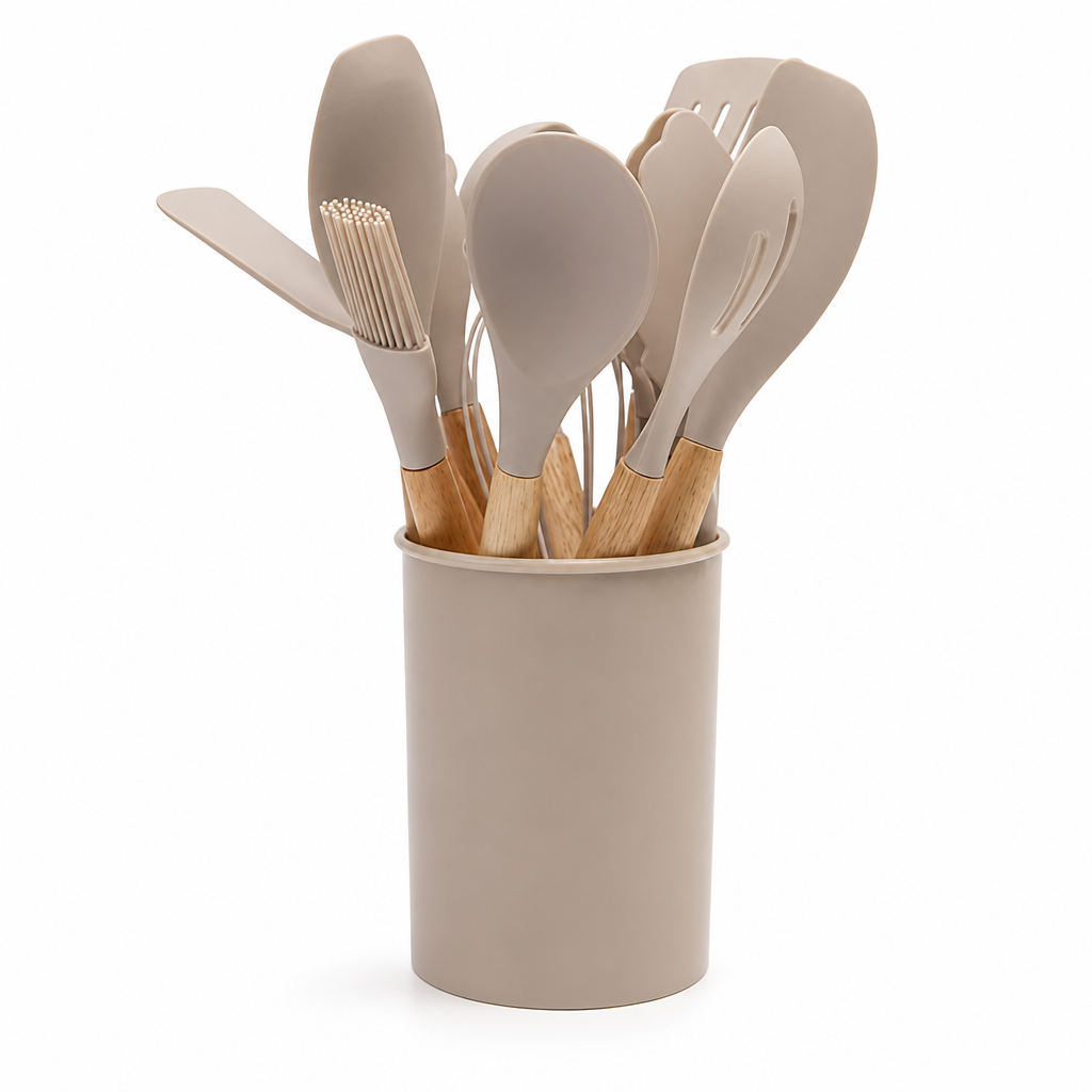 Utensil Set Heat-Resistant Silicone Wooden Handles Set of 12