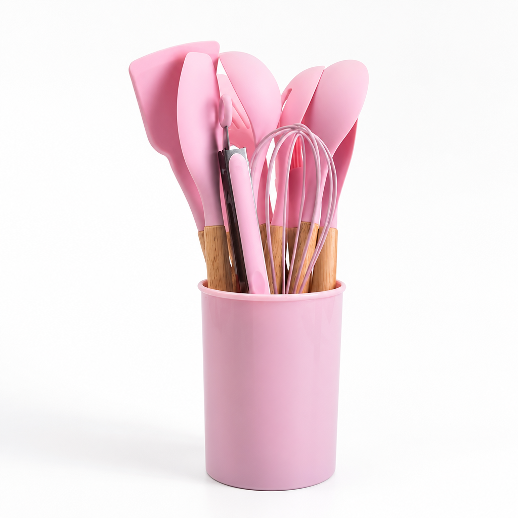 Utensil Set Heat-Resistant Silicone Wooden Handles Set of 12