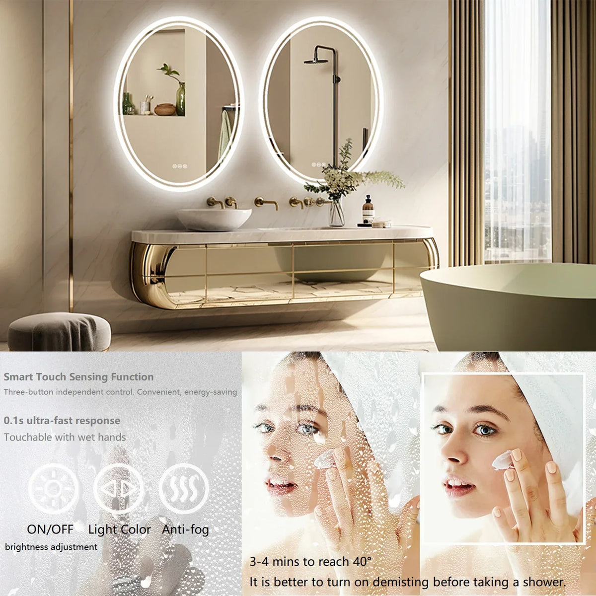 Vanity Mirror Round LED Dimmable Touch Anti-Fog