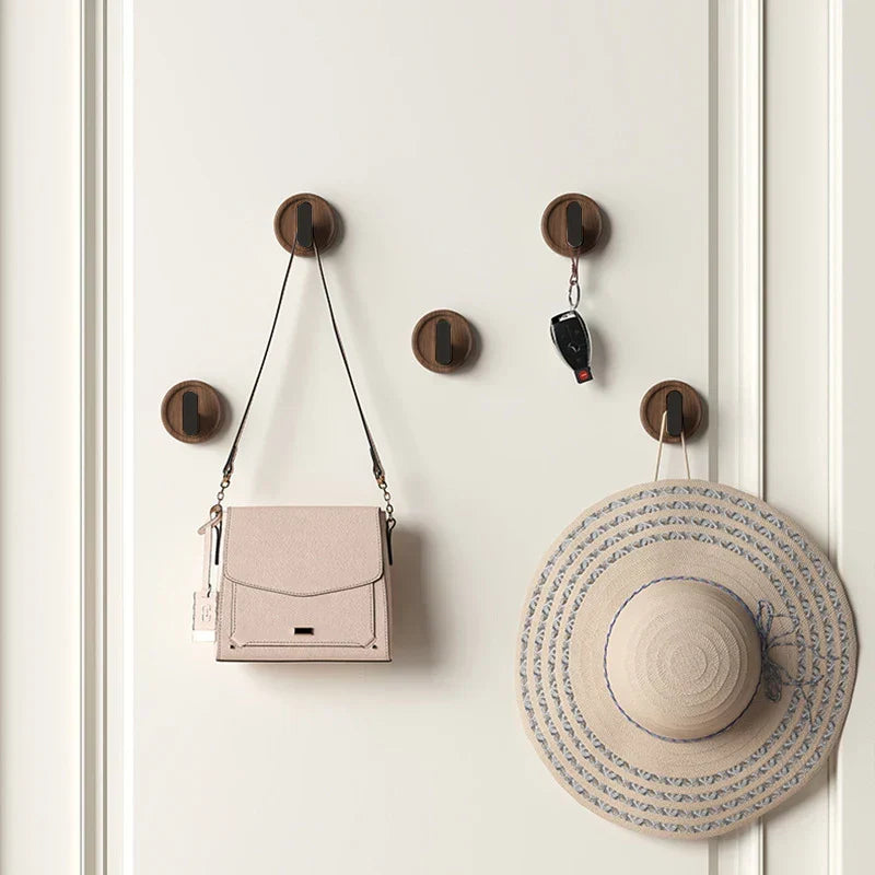 Wall Hook Organizer Solid Walnut No-Drill Mounting
