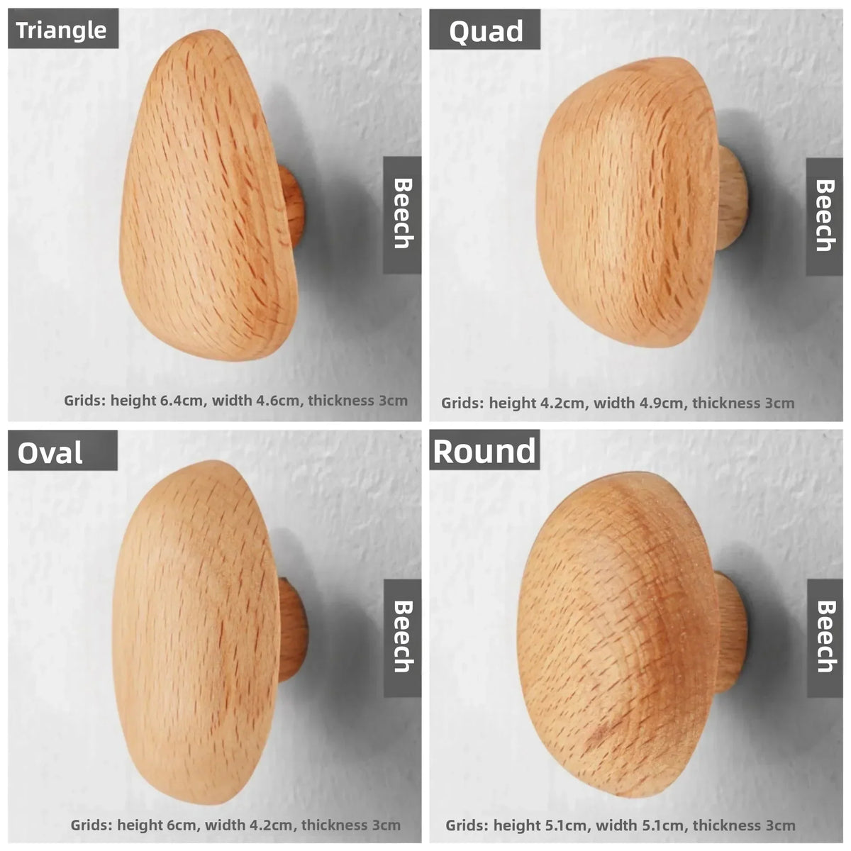 Wall Hook Solid Wood No-Drill Adhesive