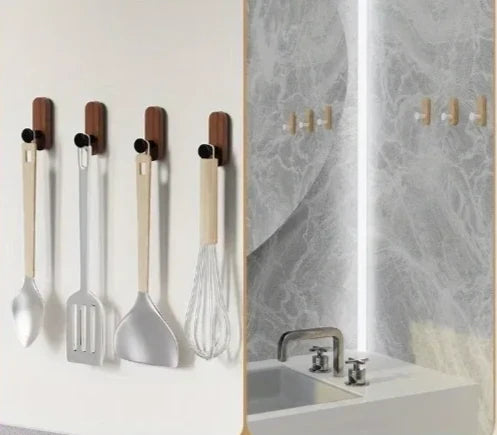 Wall Hooks Walnut Wood Self-Adhesive 2 Or 5 Pack