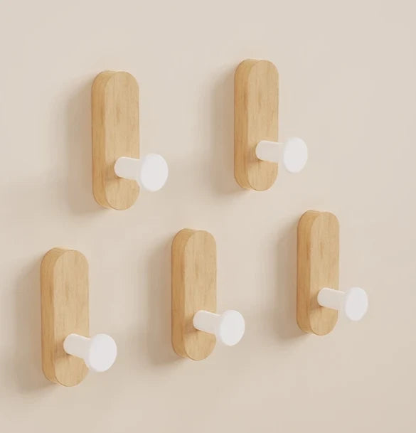 Wall Hooks Walnut Wood Self-Adhesive 2 Or 5 Pack
