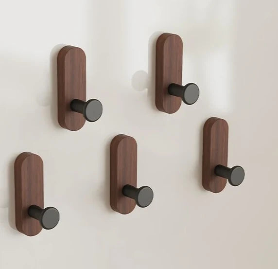 Wall Hooks Walnut Wood Self-Adhesive 2 Or 5 Pack