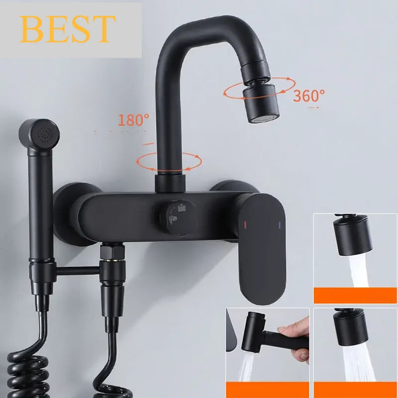 Wall-Mount Faucet Black Brass 360° Swivel & Side Sprayer