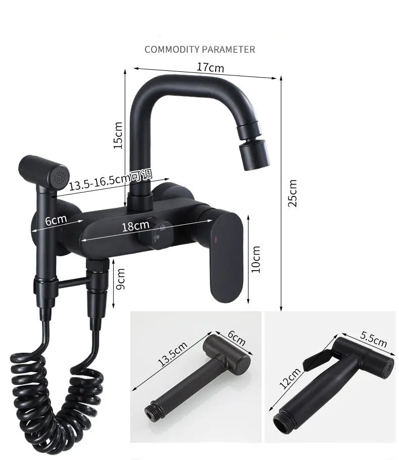 Wall-Mount Faucet Black Brass 360° Swivel & Side Sprayer