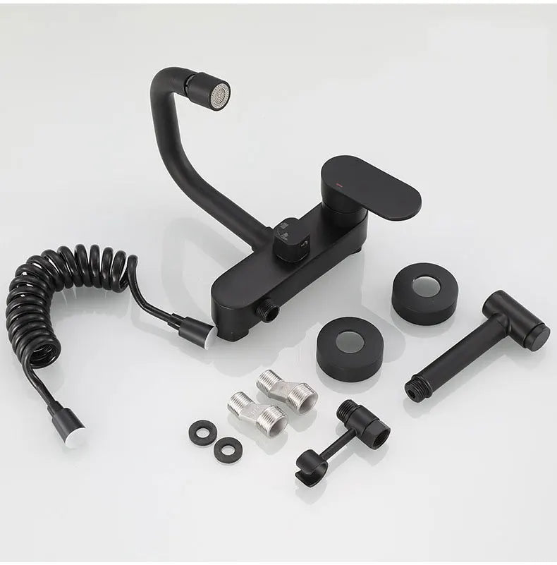 Wall-Mount Faucet Black Brass 360° Swivel & Side Sprayer