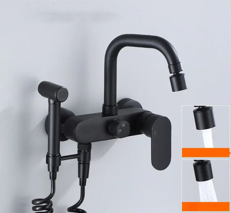 Wall-Mount Faucet Black Brass 360° Swivel & Side Sprayer