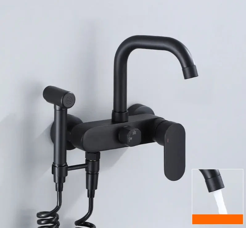 Wall-Mount Faucet Black Brass 360° Swivel & Side Sprayer