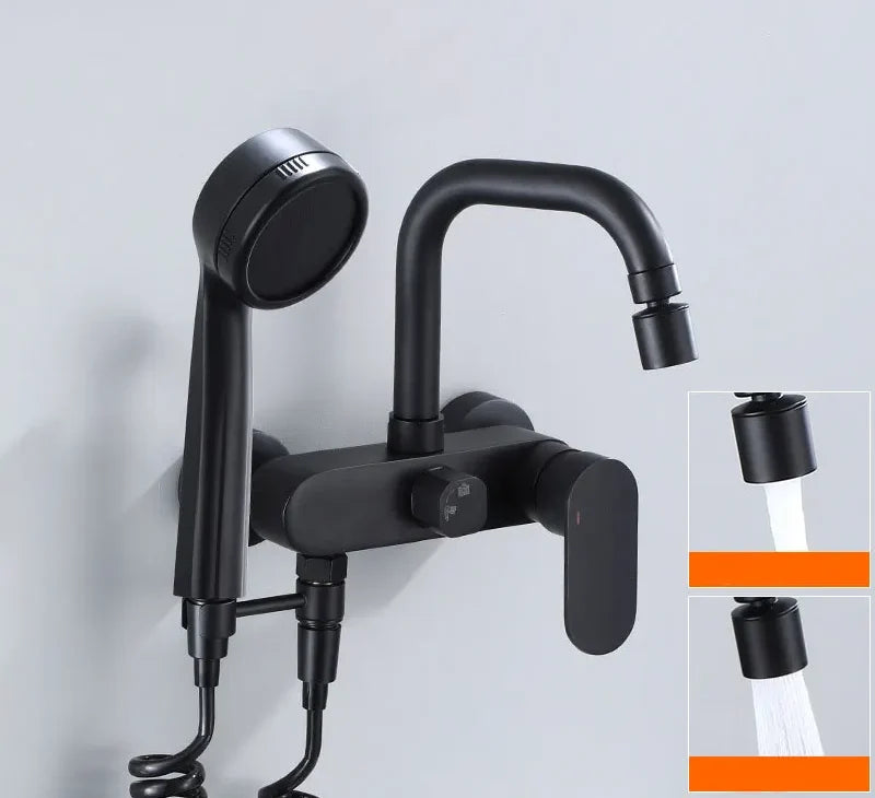Wall-Mount Faucet Black Brass 360° Swivel & Side Sprayer