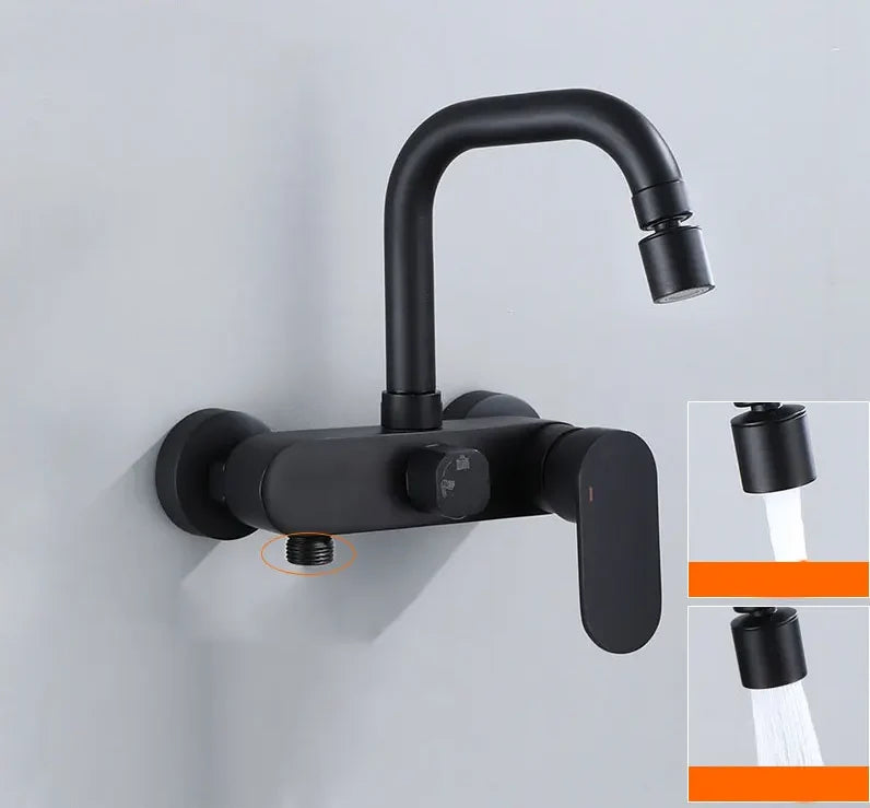 Wall-Mount Faucet Black Brass 360° Swivel & Side Sprayer