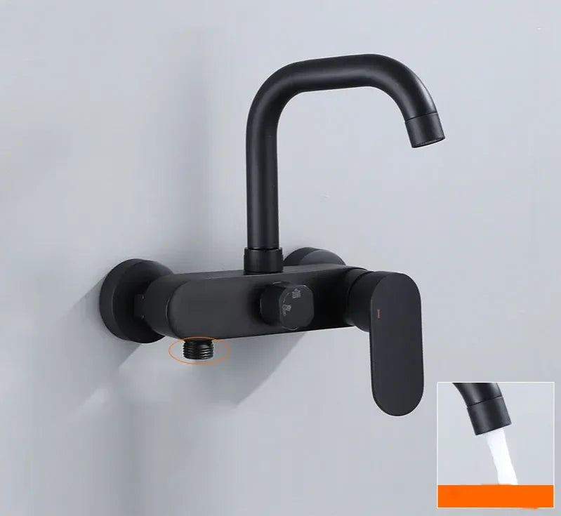 Wall-Mount Faucet Black Brass 360° Swivel & Side Sprayer