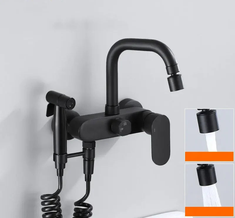 Wall-Mount Faucet Black Brass 360° Swivel & Side Sprayer