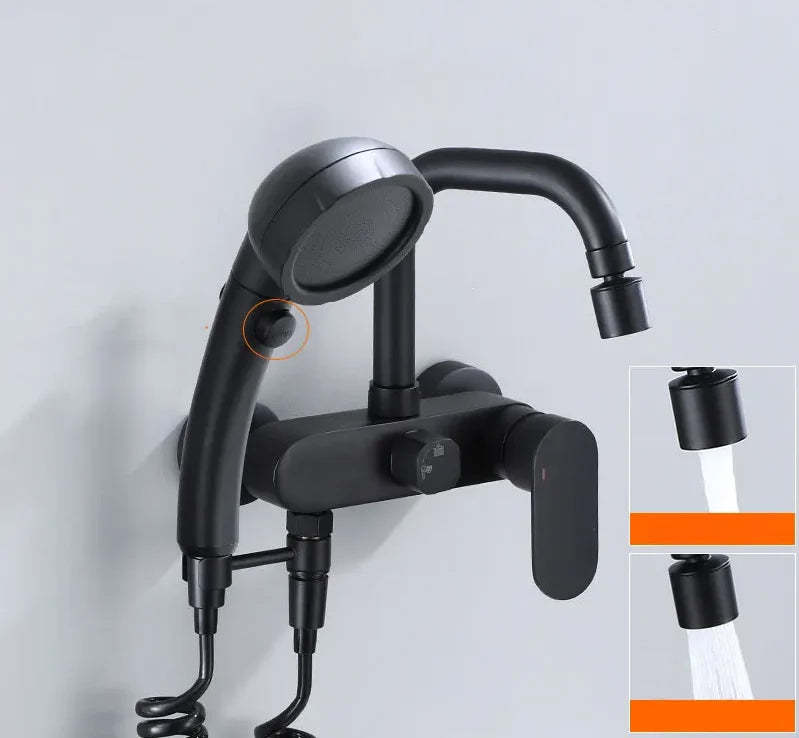 Wall-Mount Faucet Black Brass 360° Swivel & Side Sprayer