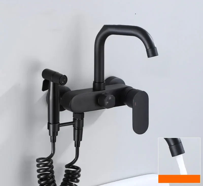 Wall-Mount Faucet Black Brass 360° Swivel & Side Sprayer