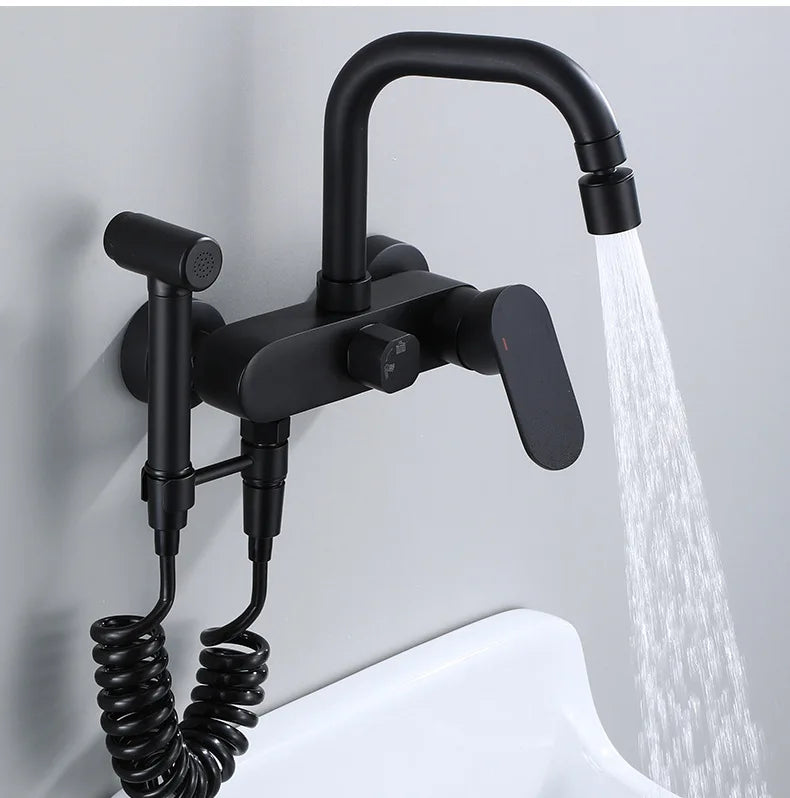 Wall-Mount Faucet Black Brass 360° Swivel & Side Sprayer