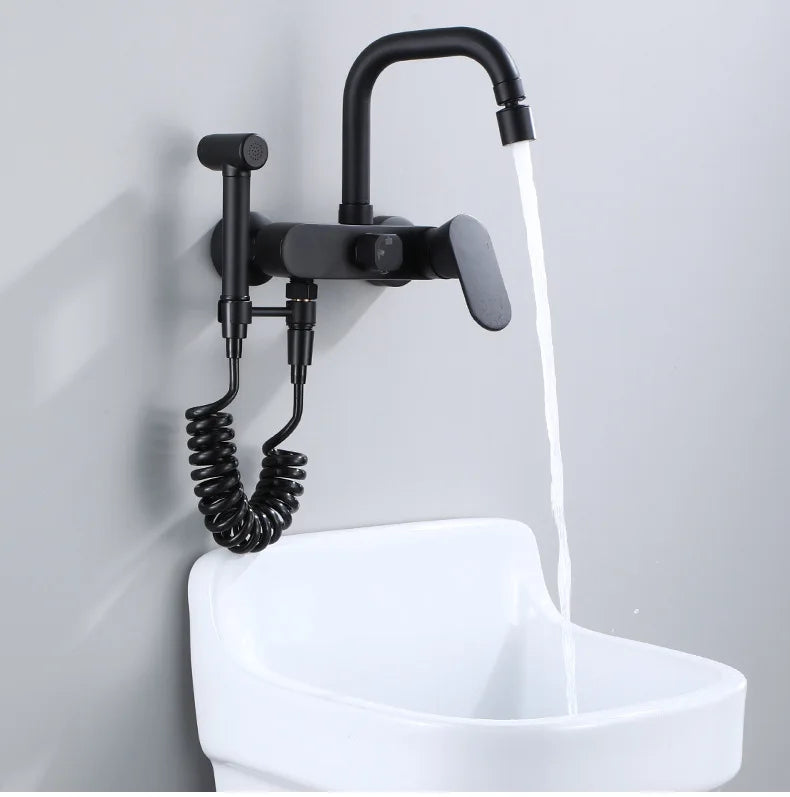 Wall-Mount Faucet Black Brass 360° Swivel & Side Sprayer
