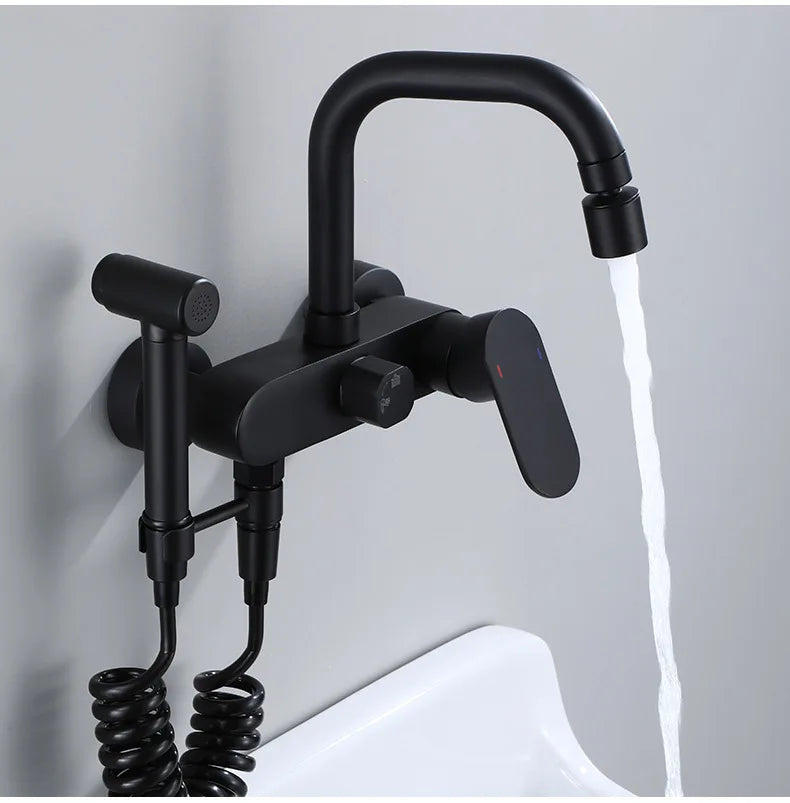 Wall-Mount Faucet Black Brass 360° Swivel & Side Sprayer