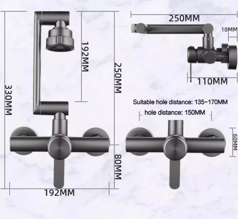 Wall-Mount Kitchen Faucet 360° Swivel Brushed Stainless Single Lever