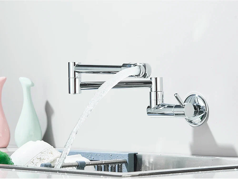 Wall-Mount Kitchen Faucet 360° Swivel Space-Saving Solid Brass