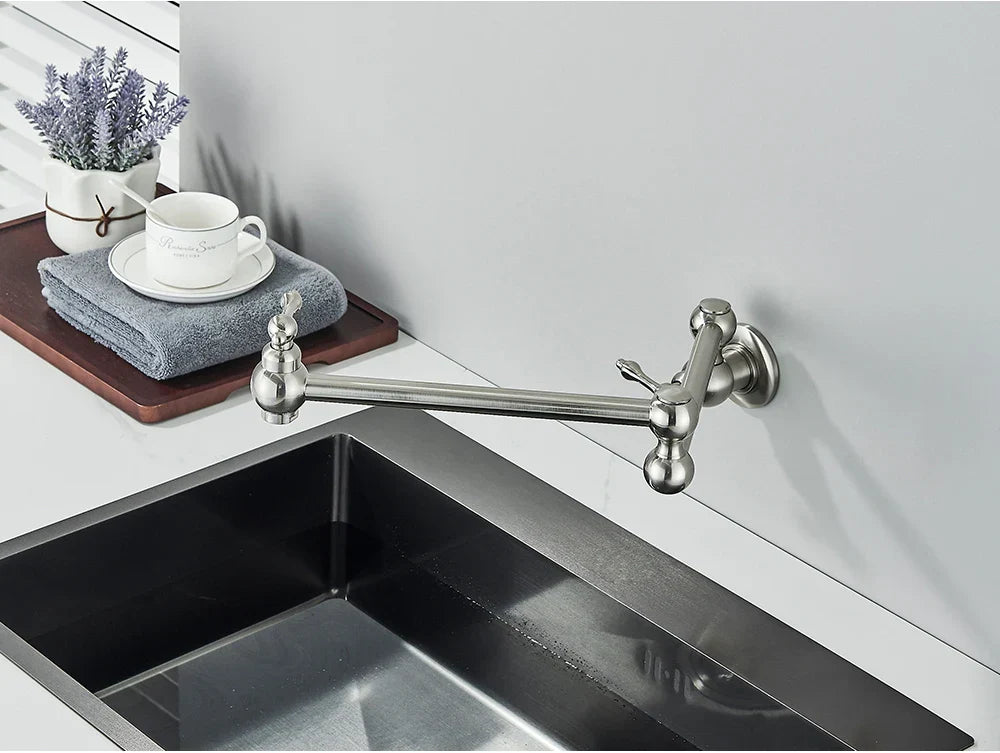 Wall-Mount Kitchen Faucet 360° Swivel Space-Saving Solid Brass