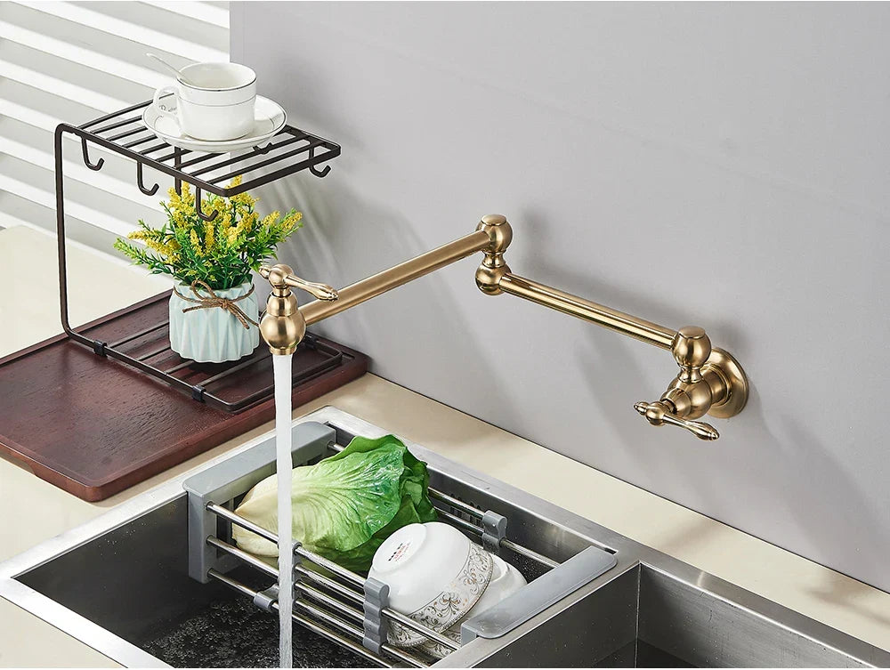 Wall-Mount Kitchen Faucet 360° Swivel Space-Saving Solid Brass