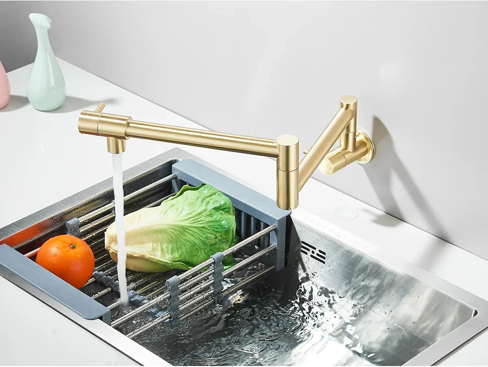 Wall-Mount Kitchen Faucet 360° Swivel Space-Saving Solid Brass