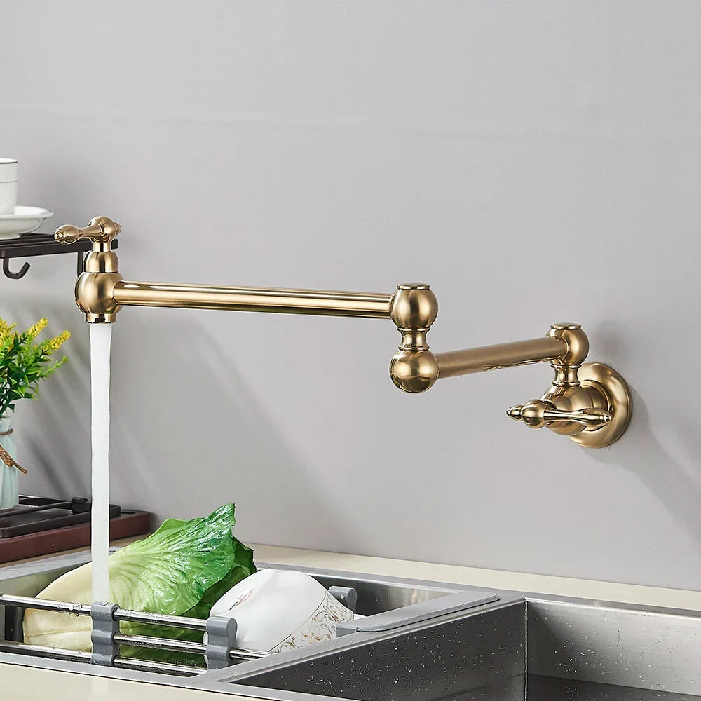 Wall-Mount Kitchen Faucet 360° Swivel Space-Saving Solid Brass