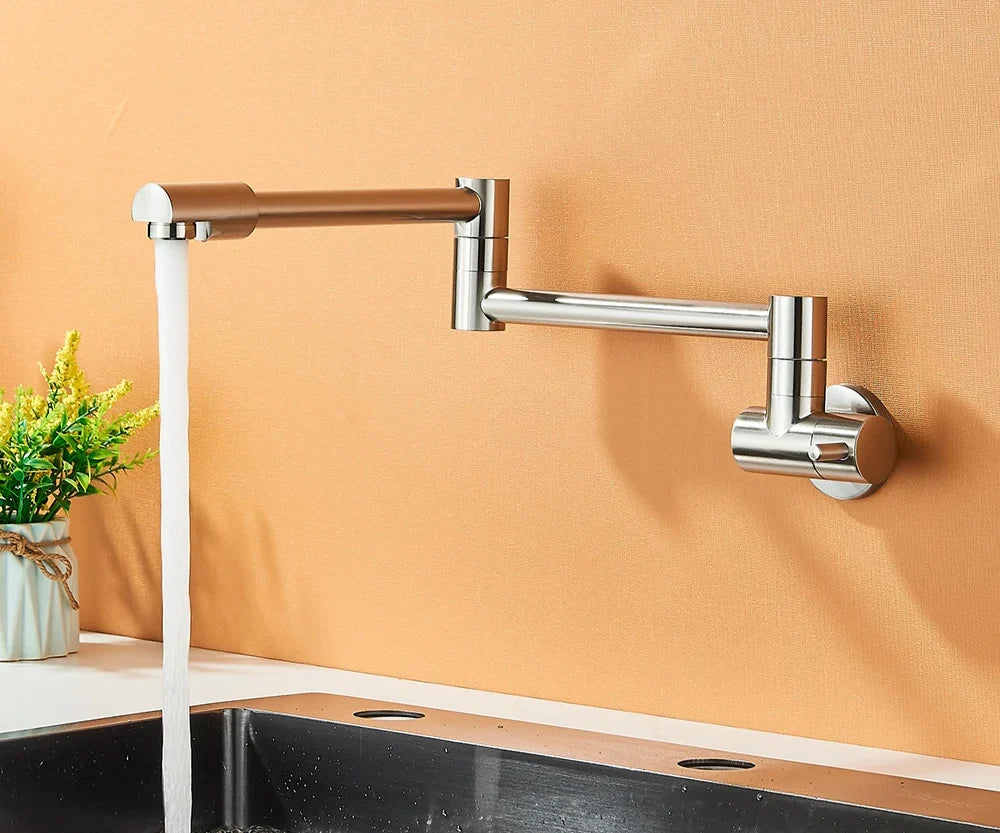 Wall-Mount Kitchen Faucet 360° Swivel Space-Saving Solid Brass