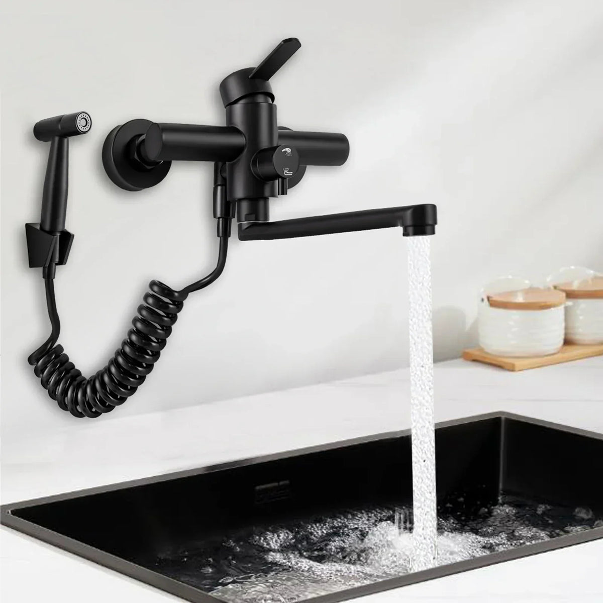 Wall-Mount Kitchen Faucet 360° Swivel Spout Extendable Side Sprayer