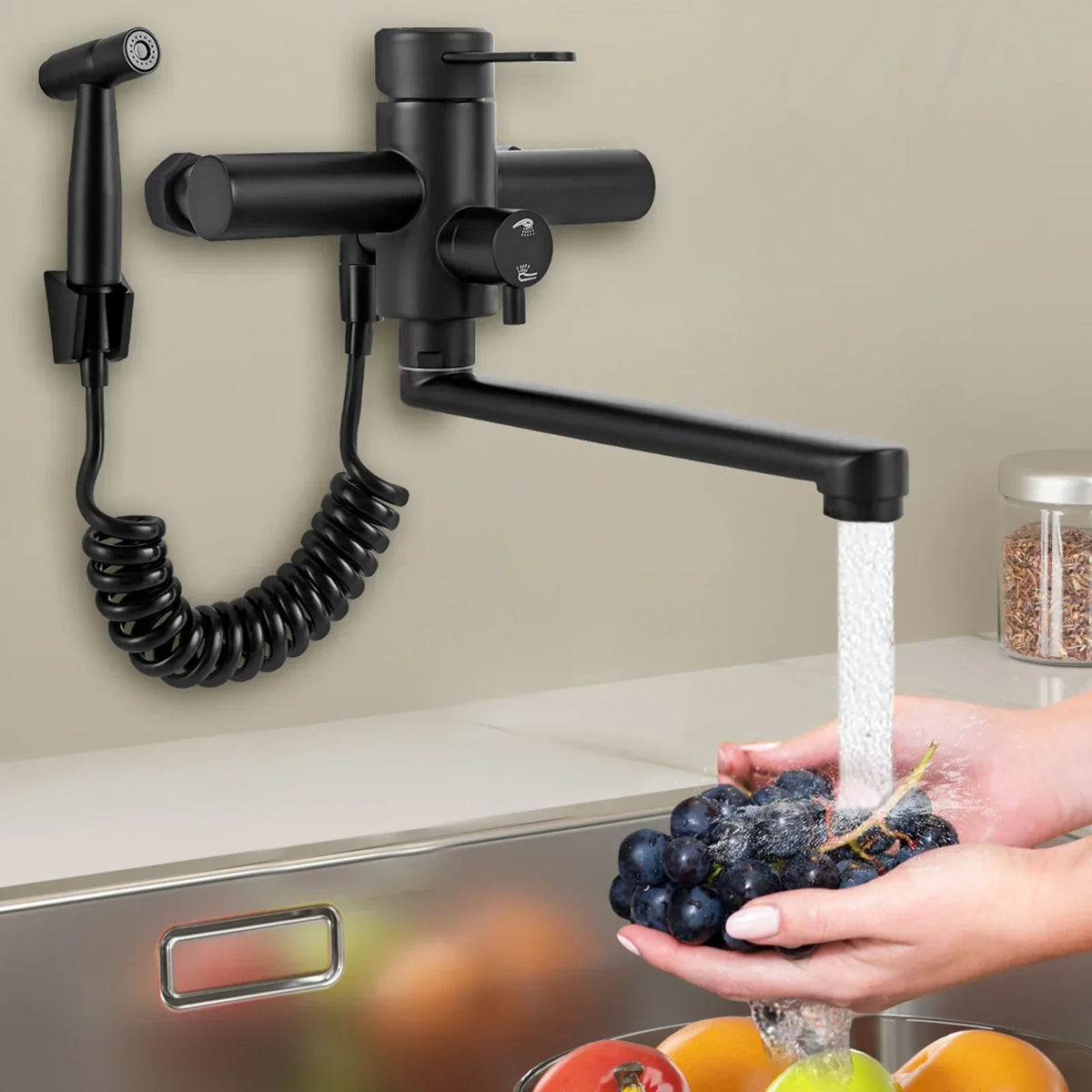 Wall-Mount Kitchen Faucet 360° Swivel Spout Extendable Side Sprayer