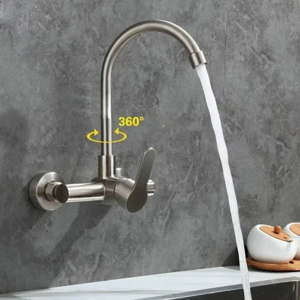 Wall-Mounted Kitchen Faucet Stainless Steel 360° Swivel Single Handle