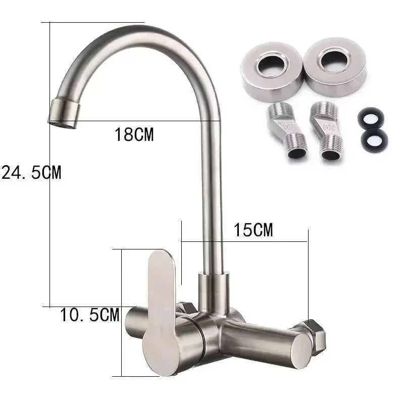 Wall-Mounted Kitchen Faucet Stainless Steel 360° Swivel Single Handle
