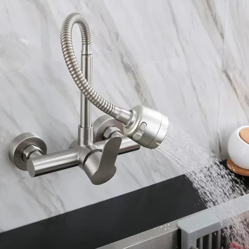 Wall-Mounted Kitchen Faucet Stainless Steel 360° Swivel Single Handle