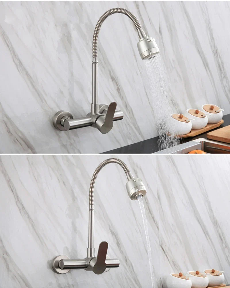 Wall-Mounted Kitchen Faucet Stainless Steel 360° Swivel Single Handle